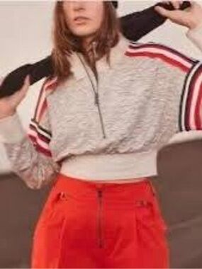 Free People Cropped Heather Gray Half-Zip Pullover with Red Stripe Accents
